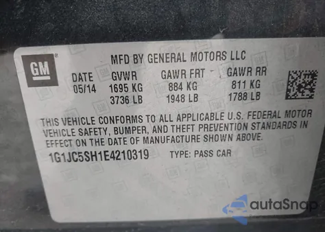 2014 Chevrolet Sonic Lt Auto z USA, uszkodzony, nr VIN 1G1JC5SH1E4210319